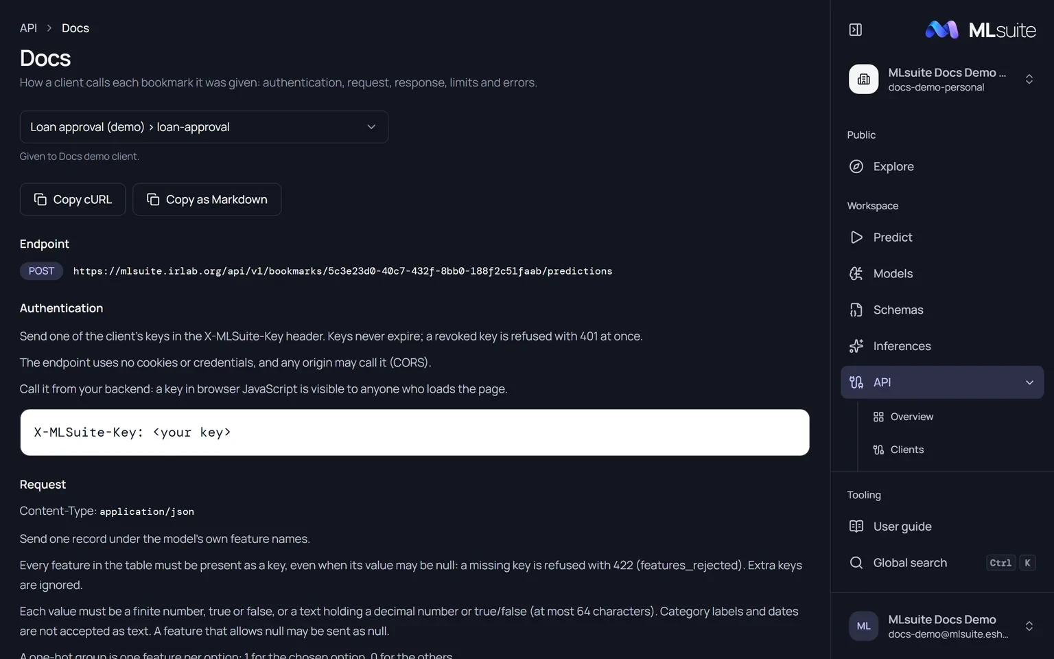 The API Docs page for the loan-approval bookmark: endpoint, authentication and the request rules, with Copy cURL and Copy as Markdown buttons.