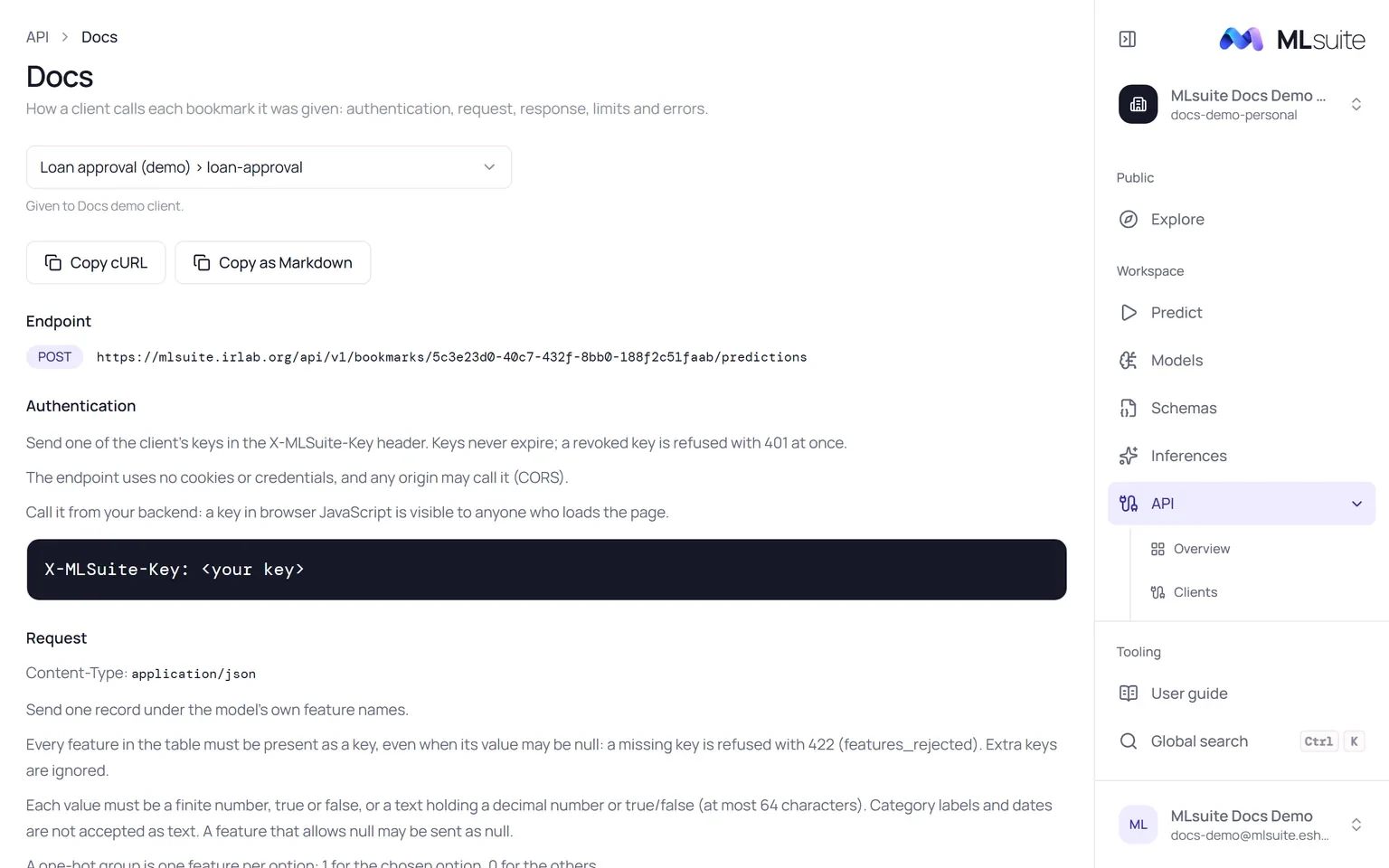 The API Docs page for the loan-approval bookmark: endpoint, authentication and the request rules, with Copy cURL and Copy as Markdown buttons.