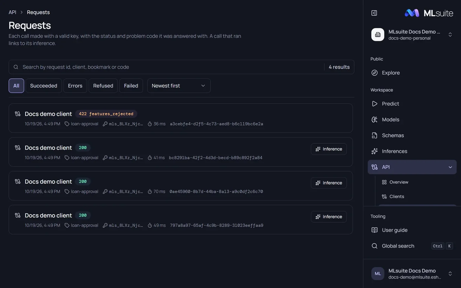 The Requests log with four calls: three succeeded with an Inference link each, one refused with 422 features_rejected.