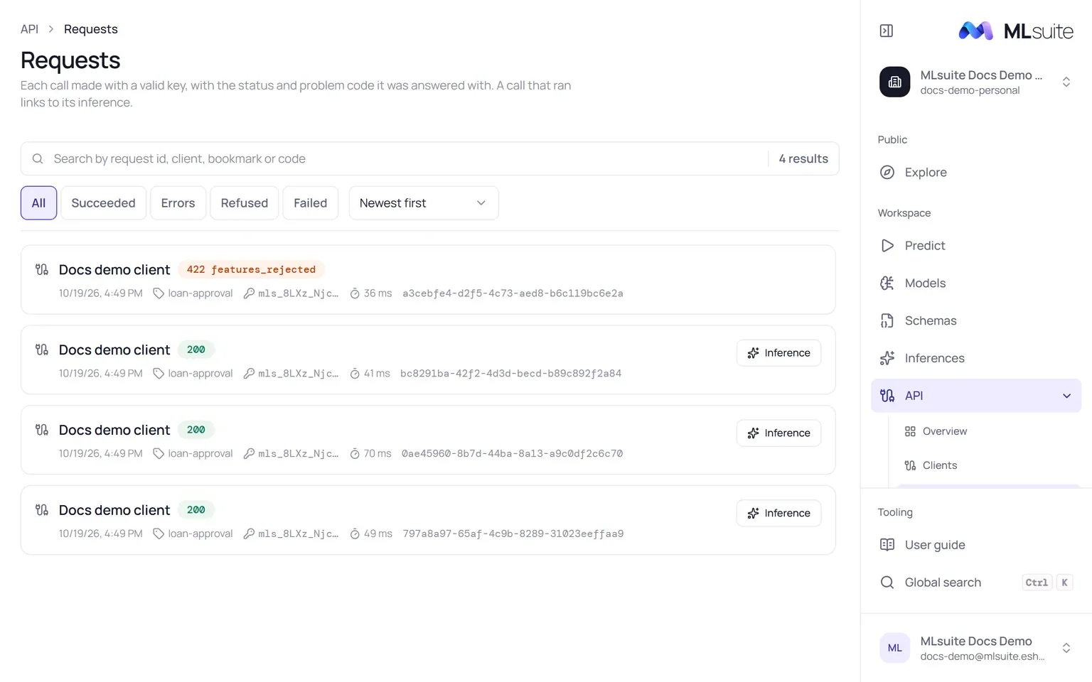 The Requests log with four calls: three succeeded with an Inference link each, one refused with 422 features_rejected.
