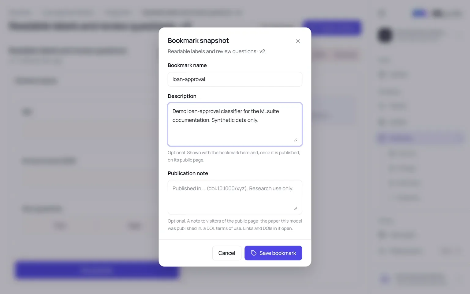 The Bookmark snapshot dialog with Bookmark name, Description and Publication note fields.