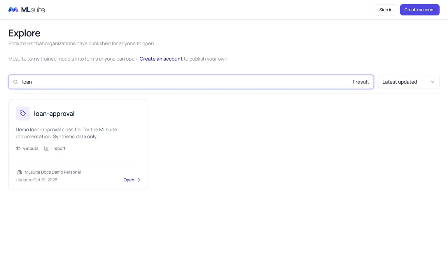 The Explore feed seen without an account, searched for 'loan', showing one public bookmark card.