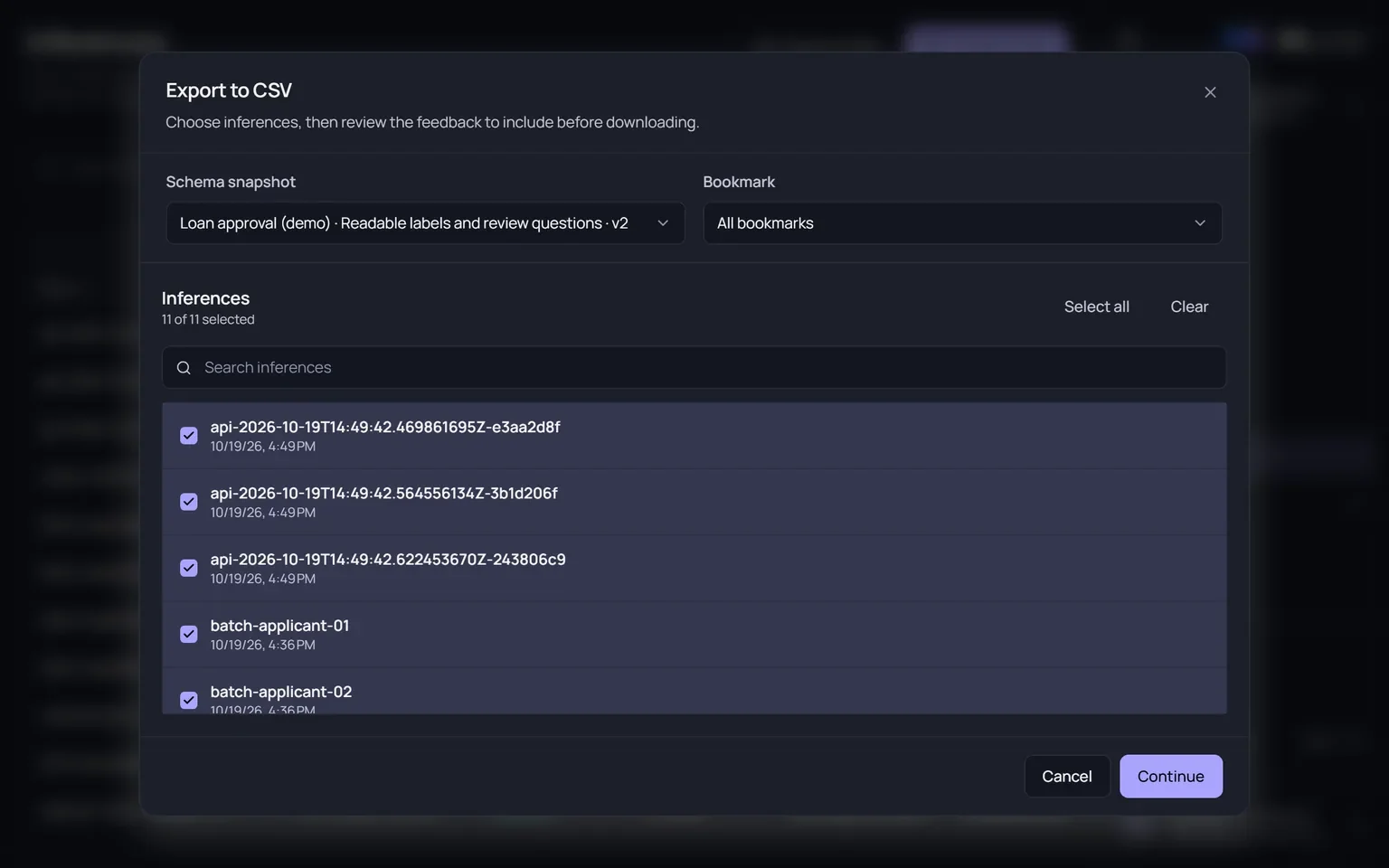 The Export to CSV dialog with a schema snapshot and bookmark selection and a list of inferences, all selected.