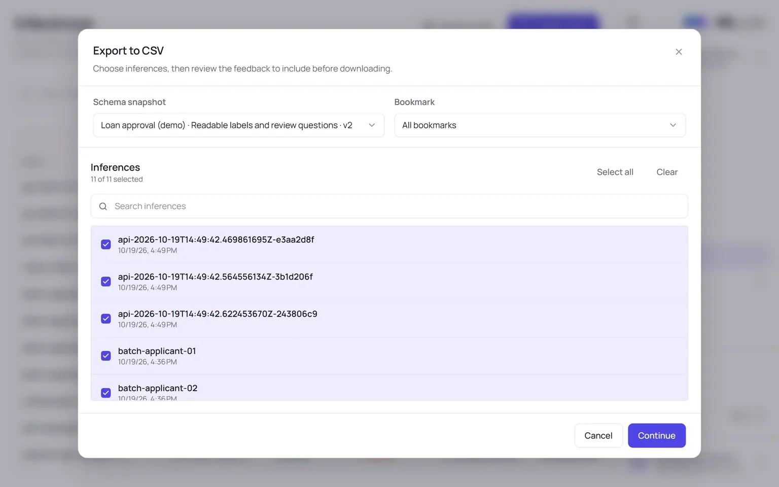The Export to CSV dialog with a schema snapshot and bookmark selection and a list of inferences, all selected.