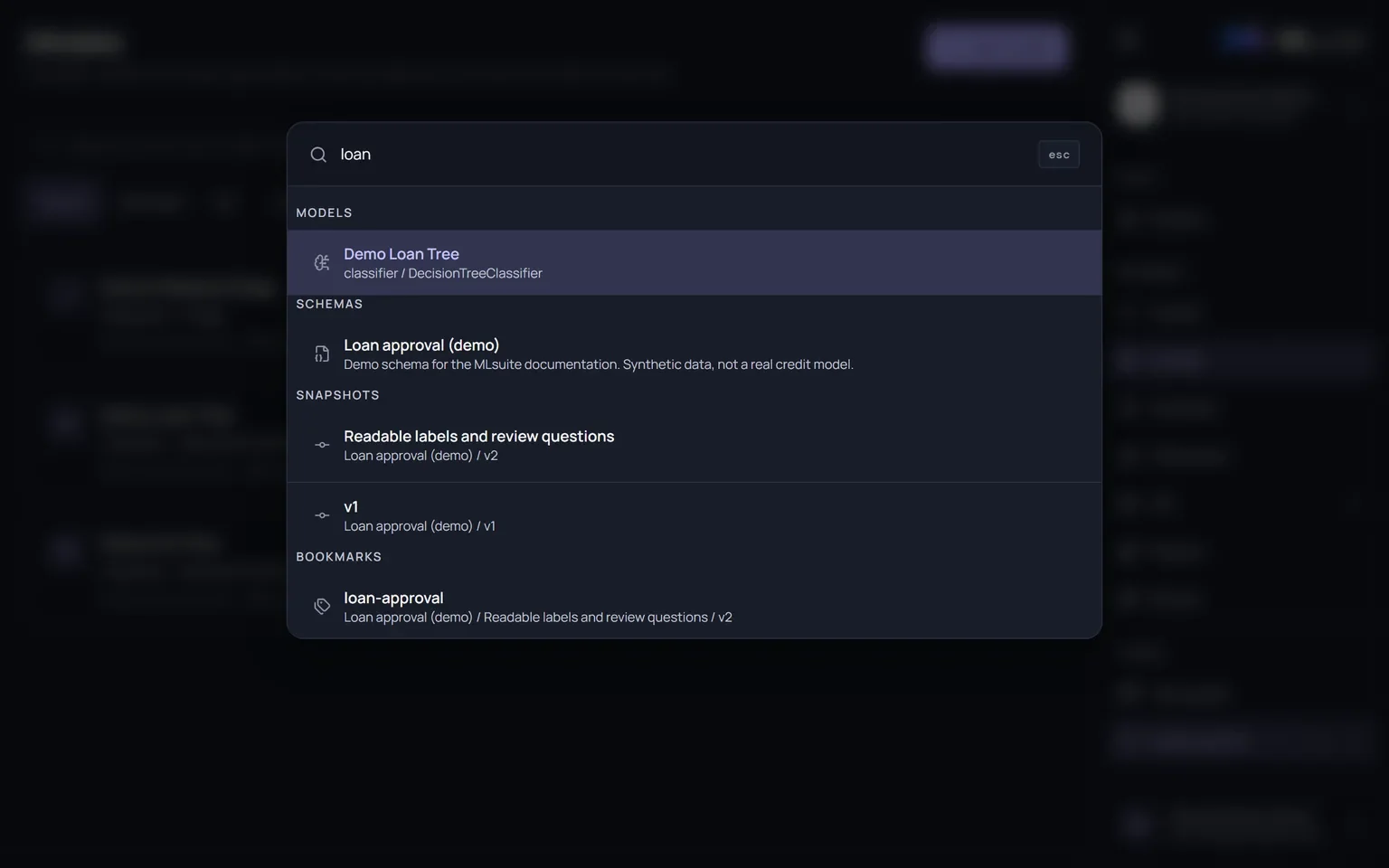 The global search dialog showing results for 'loan' grouped as Models, Schemas, Snapshots and Bookmarks.