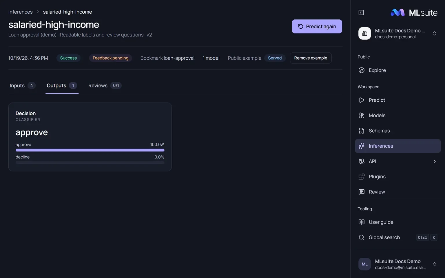 An inference page showing its status, feedback state, bookmark, model count, public example state and the Outputs tab with the Decision report.