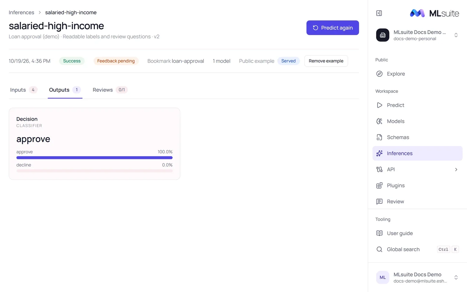 An inference page showing its status, feedback state, bookmark, model count, public example state and the Outputs tab with the Decision report.