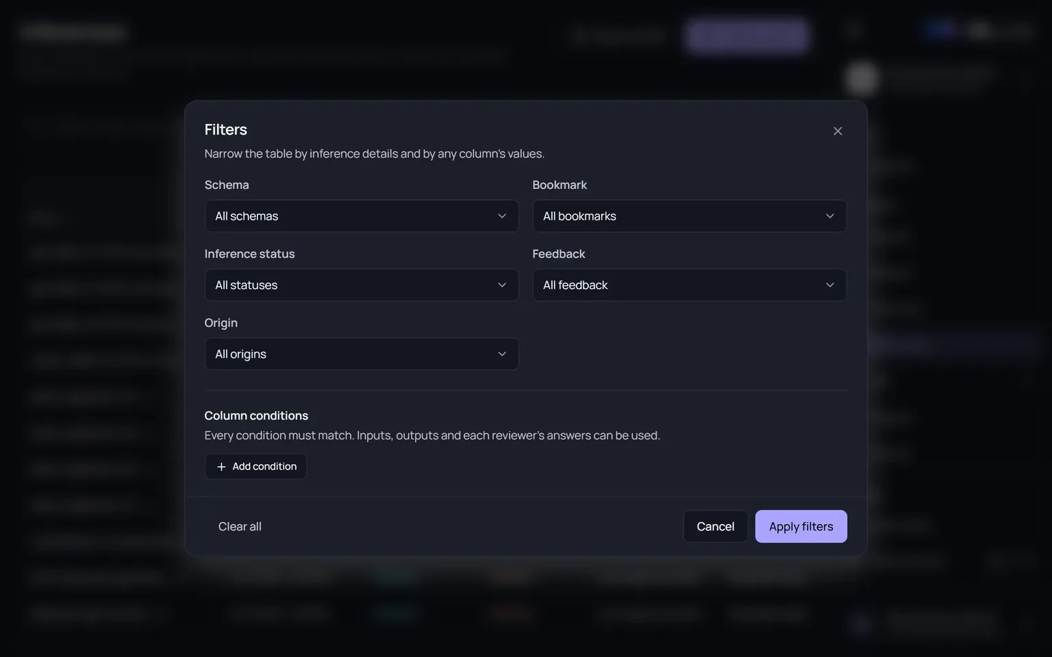 The Filters dialog with Schema, Bookmark, Inference status, Feedback and Origin selects and a Column conditions section.