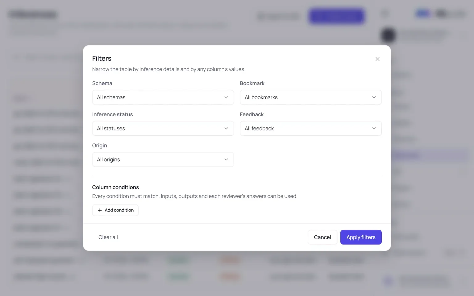 The Filters dialog with Schema, Bookmark, Inference status, Feedback and Origin selects and a Column conditions section.