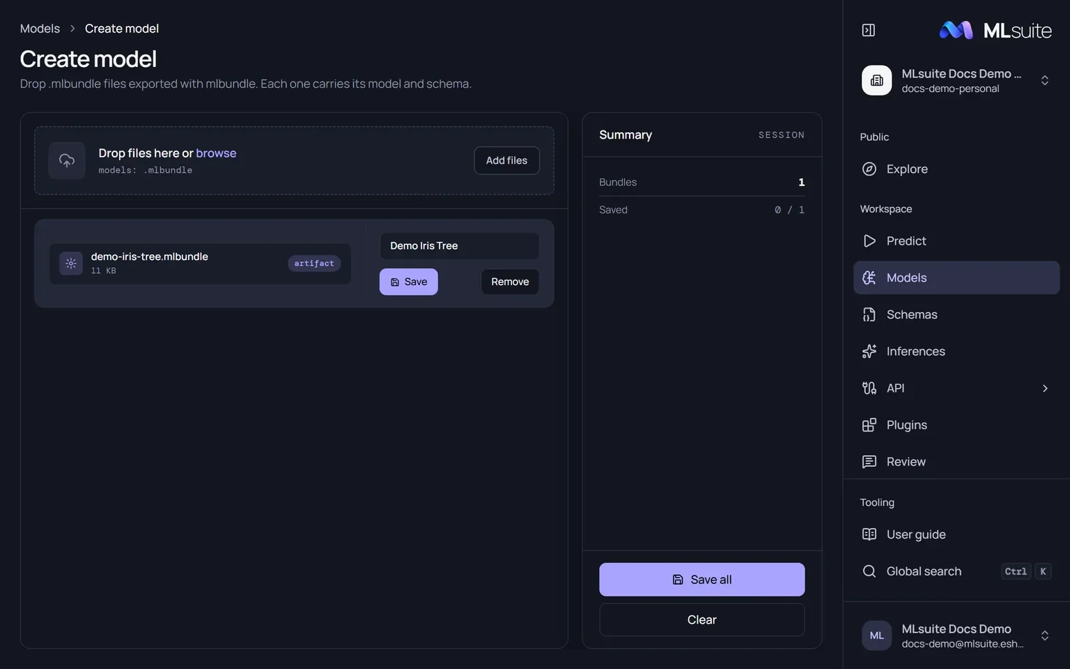The Create model page with one bundle checked and ready, its name field, Save and Remove buttons and a session summary.