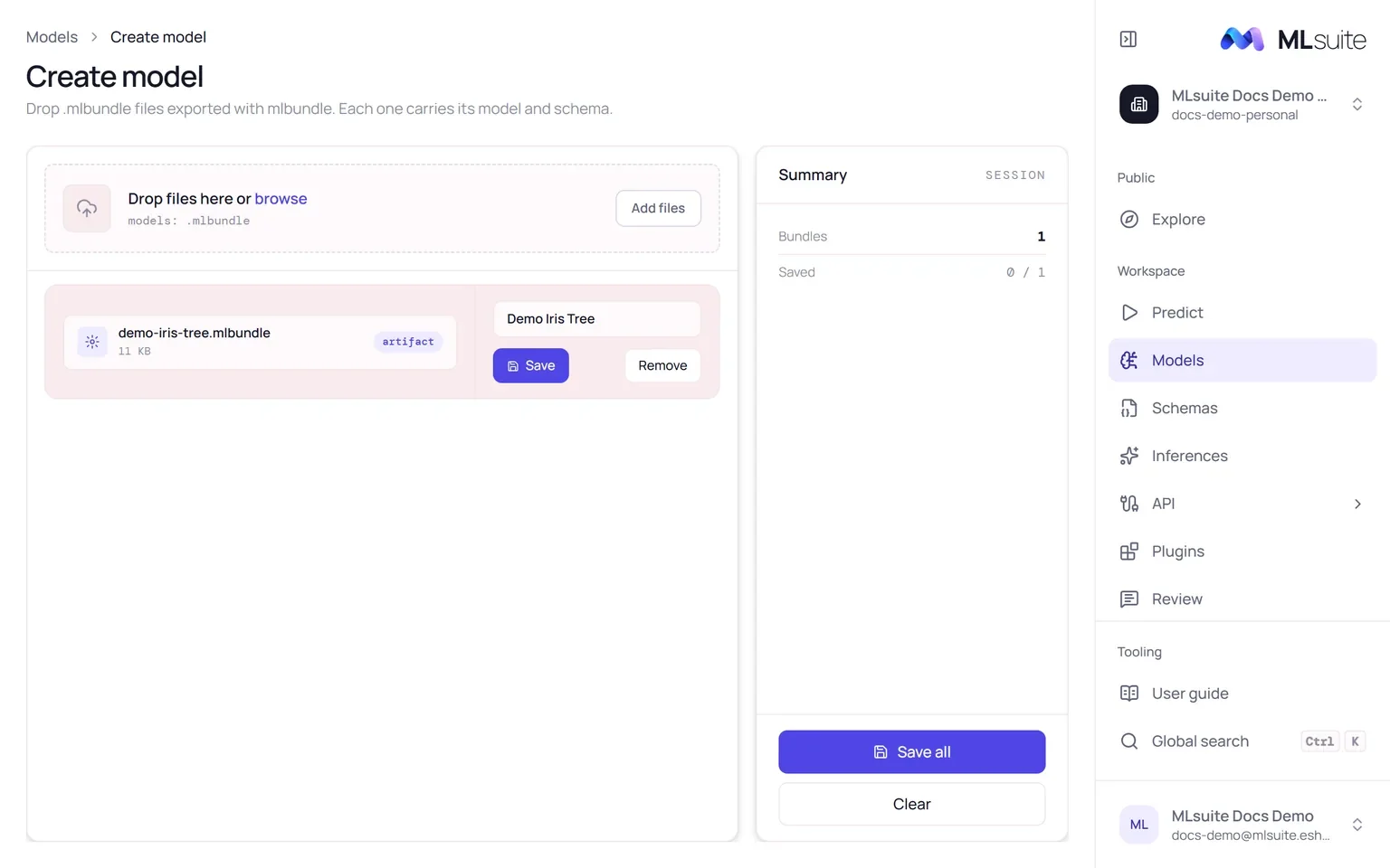 The Create model page with one bundle checked and ready, its name field, Save and Remove buttons and a session summary.