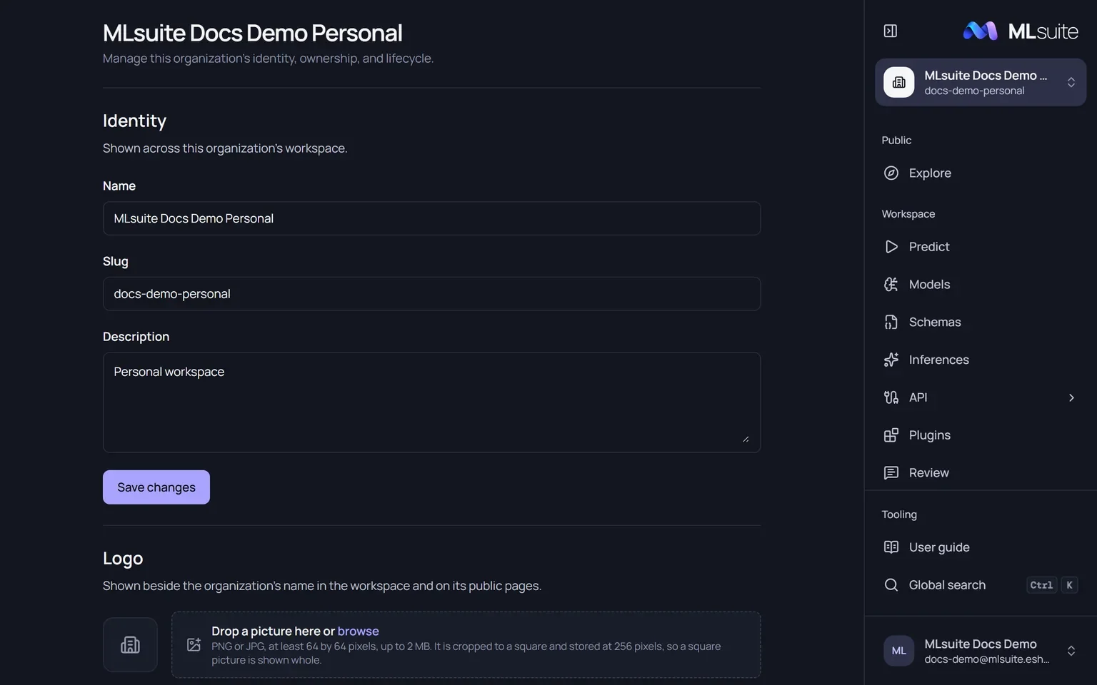 Organization settings: Identity with name, slug and description, and Logo with a drop zone.