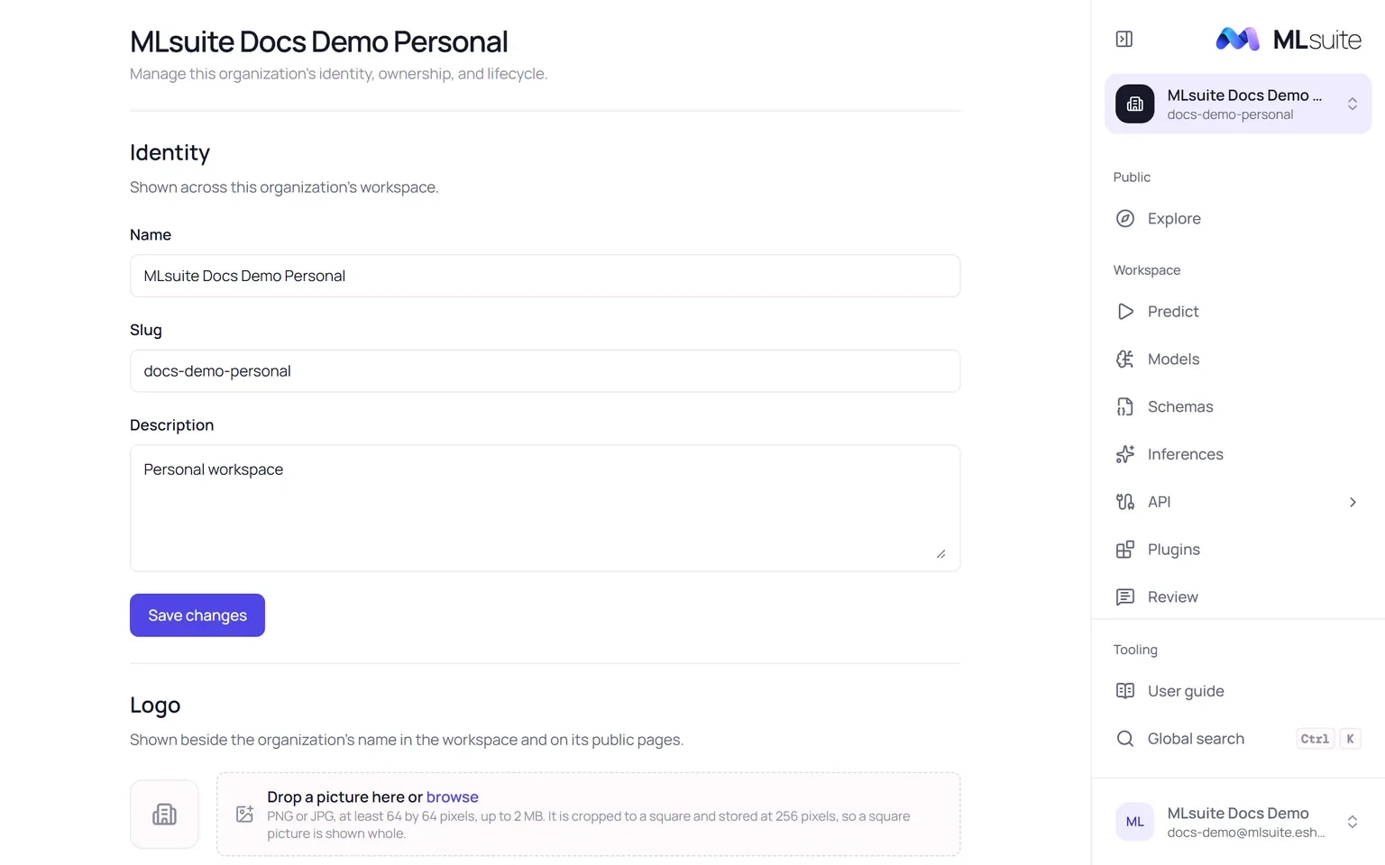 Organization settings: Identity with name, slug and description, and Logo with a drop zone.