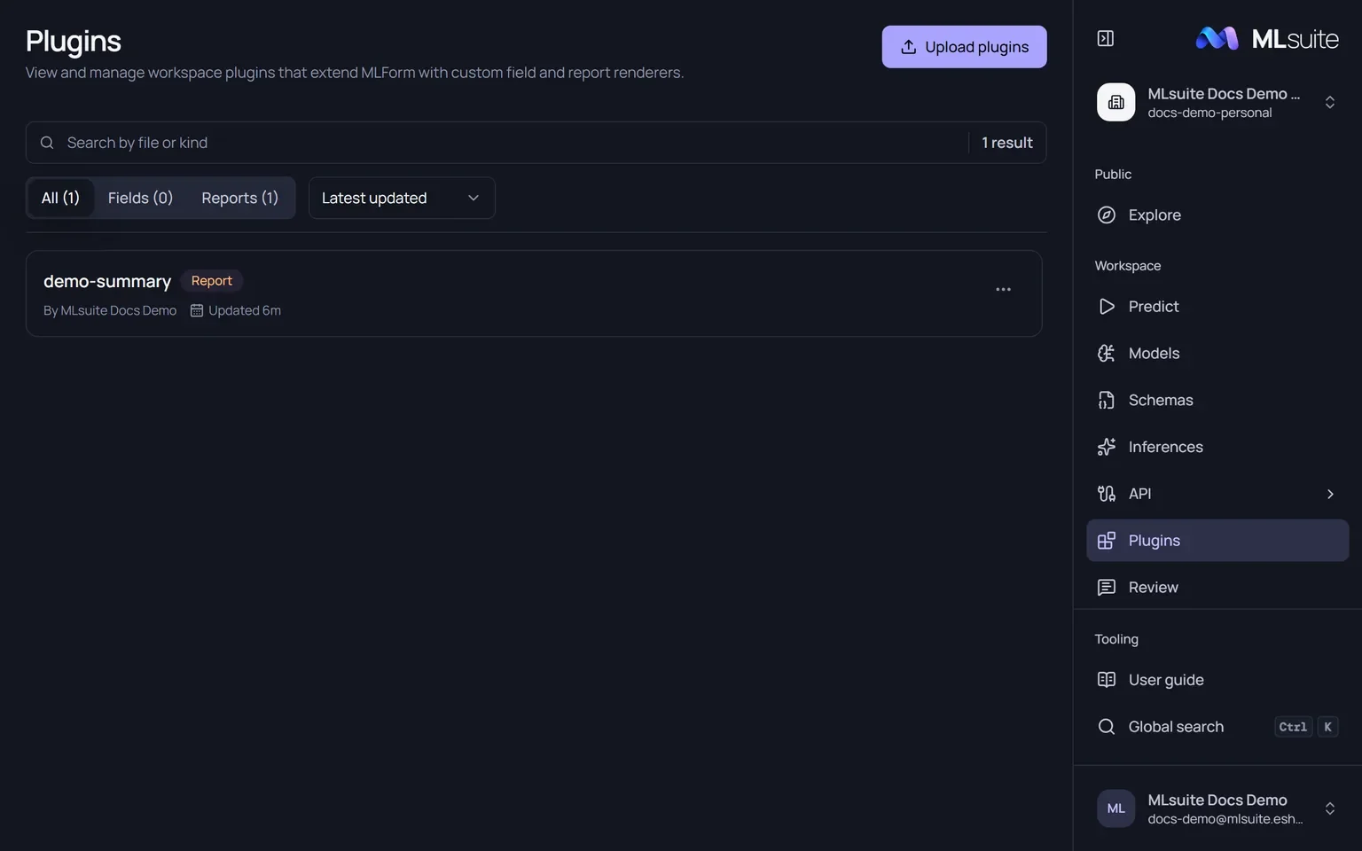 The Plugins catalog listing one report plugin, demo-summary.