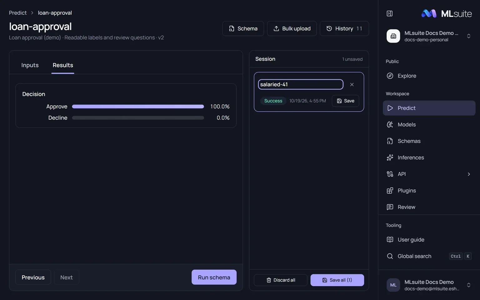 The Predict page of a bookmark: the form's results on the left, a session of named runs waiting to be saved on the right.