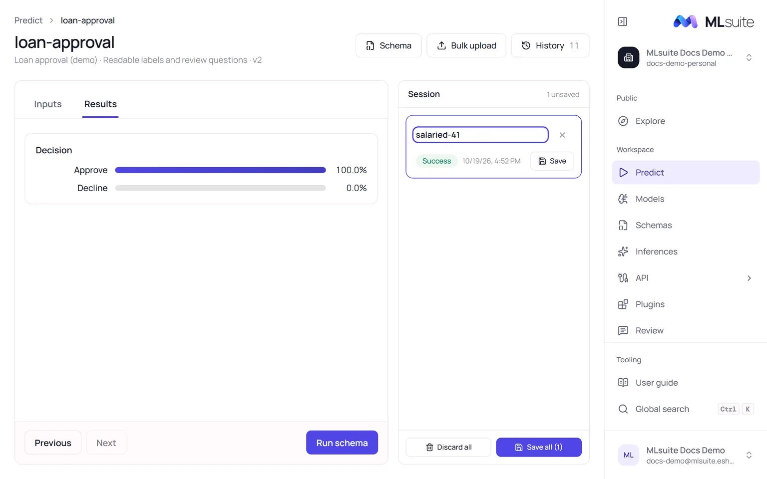 The Predict page of a bookmark: the form's results on the left, a session of named runs waiting to be saved on the right.