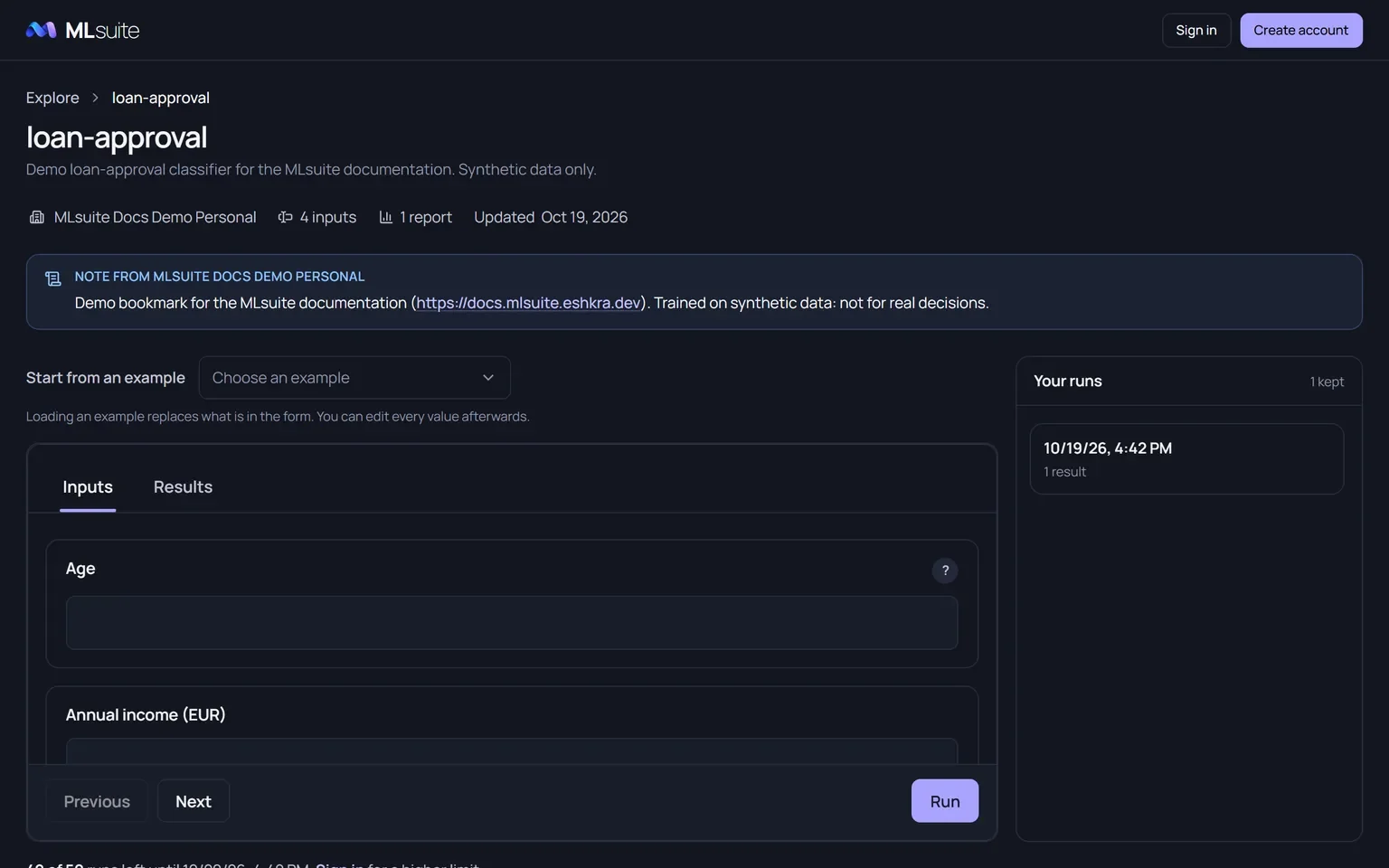 A public bookmark page: name, description, publisher, a note from the organization, an example picker, the form and the Your runs panel.