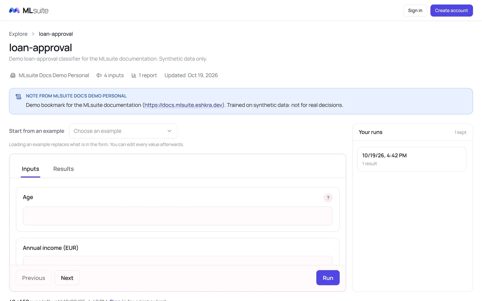 A public bookmark page: name, description, publisher, a note from the organization, an example picker, the form and the Your runs panel.