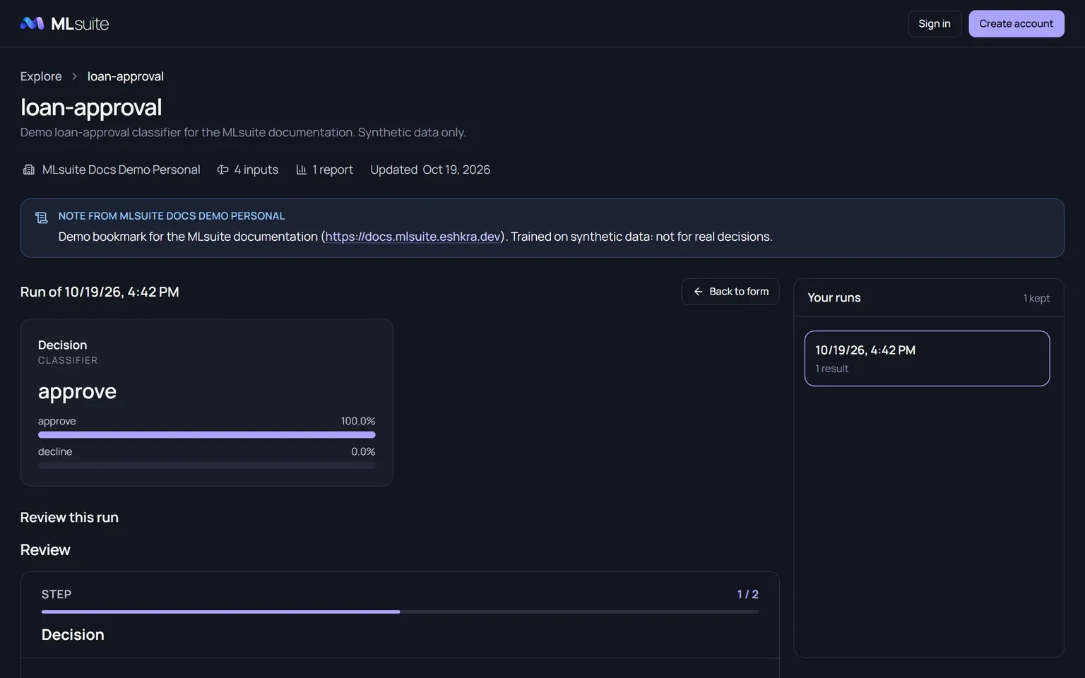 A run opened from Your runs: its Decision report and, below it, the Review this run form at its first step.