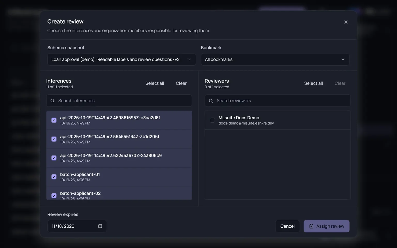 The Create review dialog: a schema snapshot and bookmark, a list of selected inferences, a reviewer list and a Review expires date.