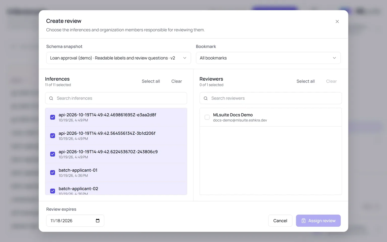 The Create review dialog: a schema snapshot and bookmark, a list of selected inferences, a reviewer list and a Review expires date.