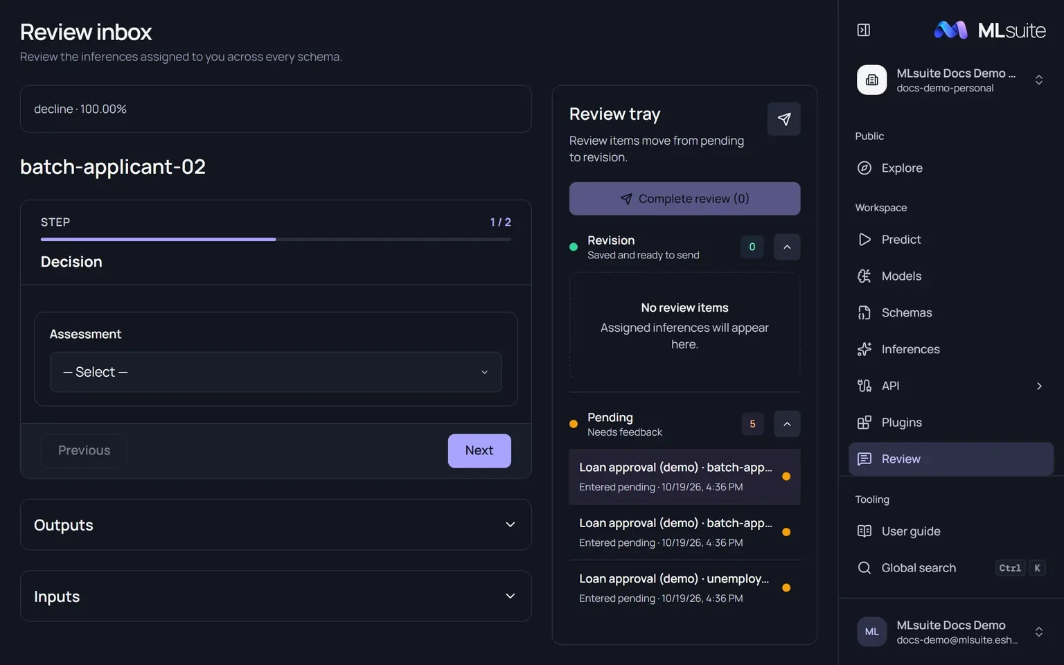 The Review inbox: an inference's first review step asking for an assessment, collapsed Outputs and Inputs sections, and the review tray with pending items.