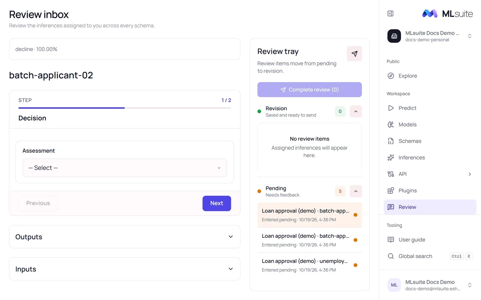 The Review inbox: an inference's first review step asking for an assessment, collapsed Outputs and Inputs sections, and the review tray with pending items.
