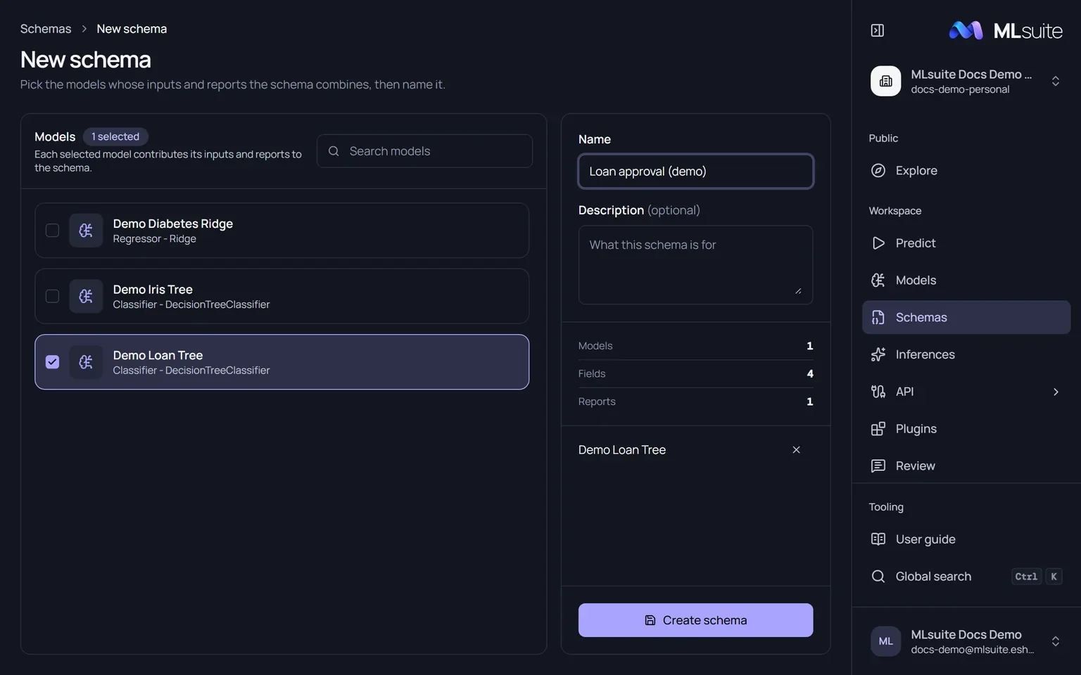 The New schema page with the Demo Loan Tree model selected, a name entered and counts of models, fields and reports.