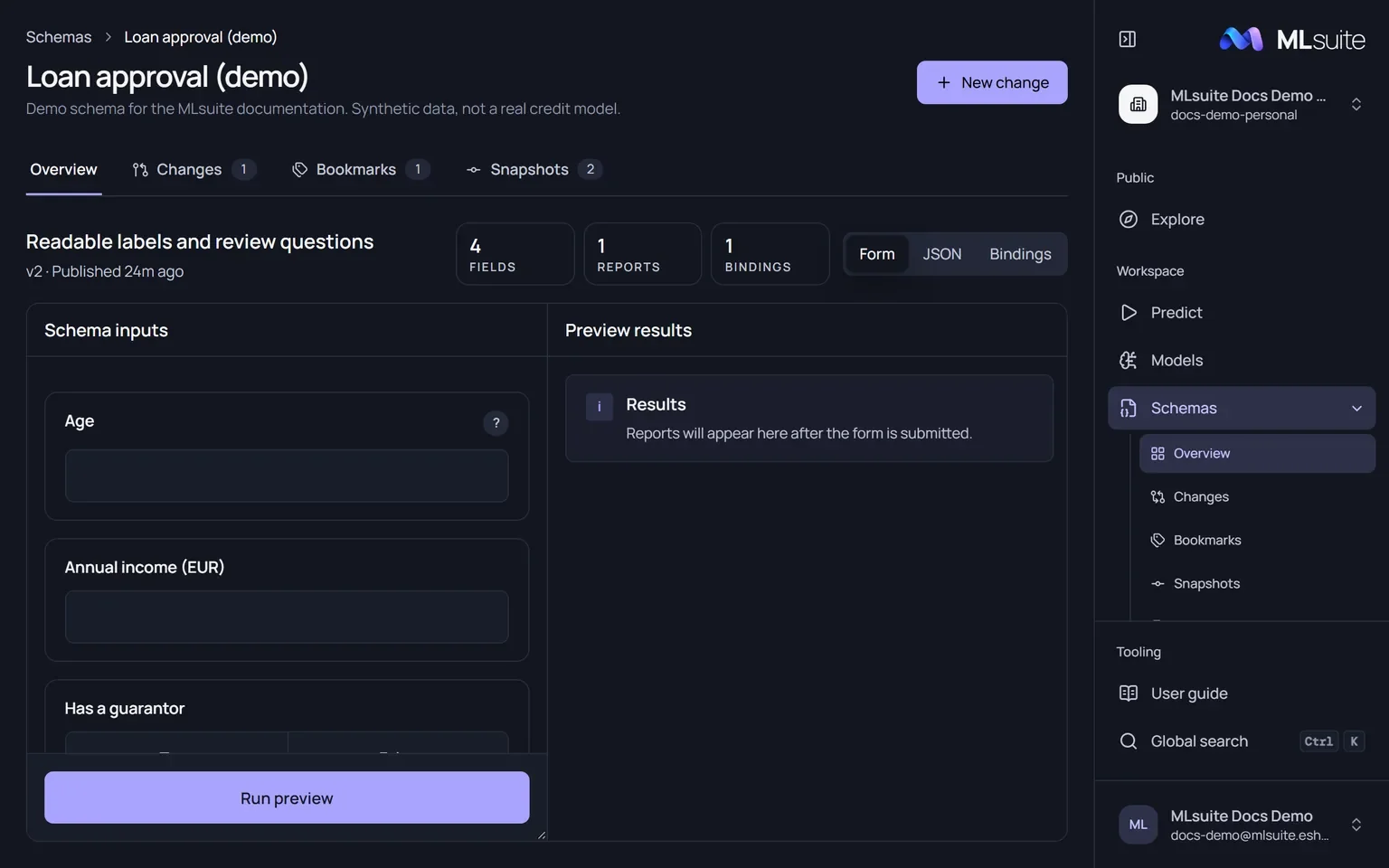 A schema overview: the latest snapshot v2 with its field, report and binding counts and a form preview beside an empty results panel.