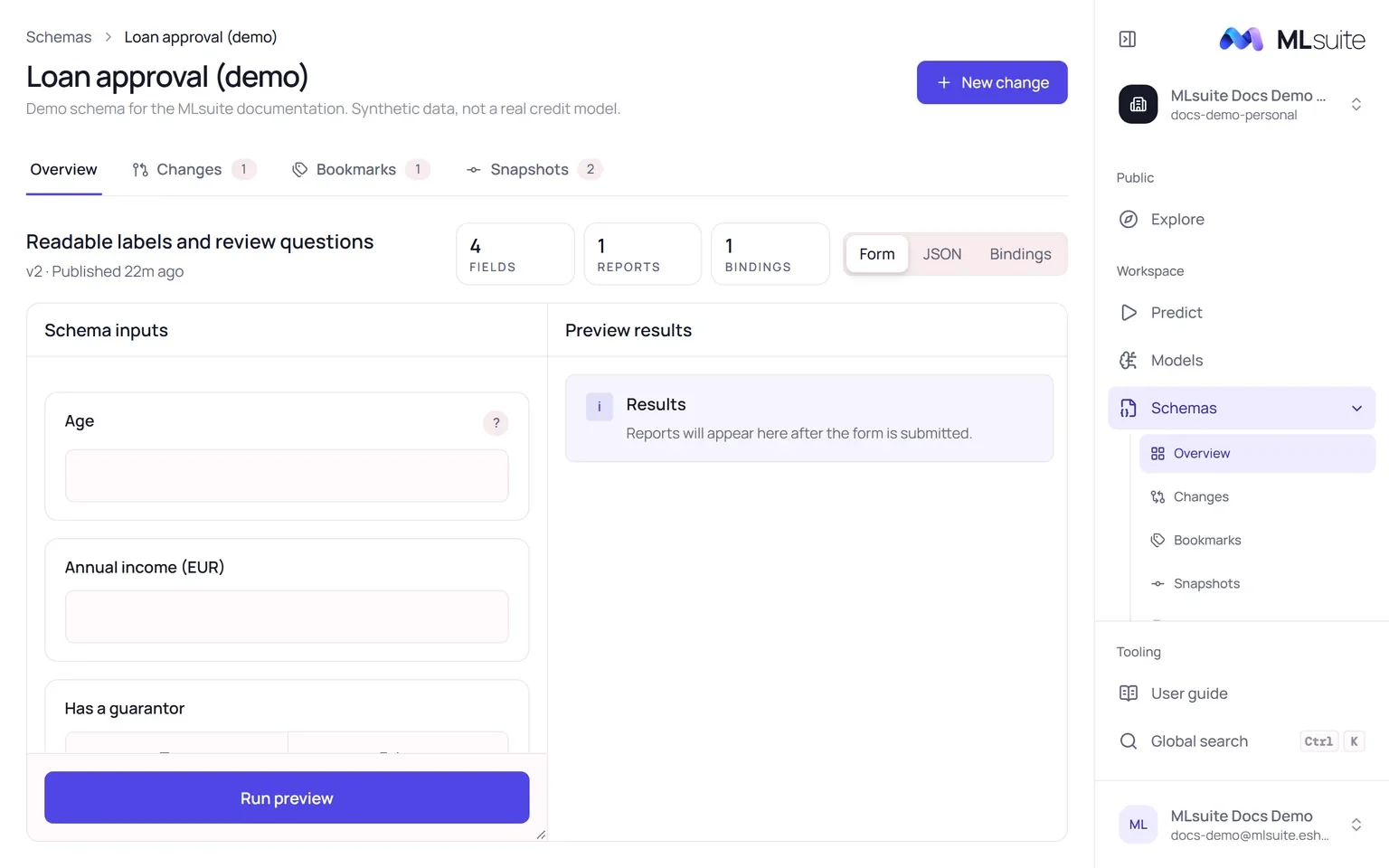 A schema overview: the latest snapshot v2 with its field, report and binding counts and a form preview beside an empty results panel.