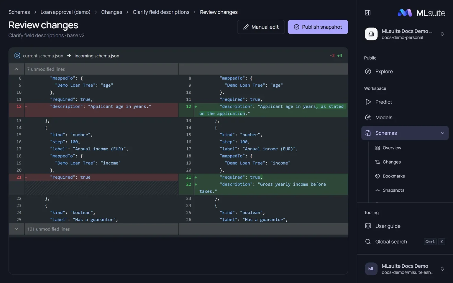 Review changes: a side-by-side diff of the current snapshot and the change, with Manual edit and Publish snapshot buttons.