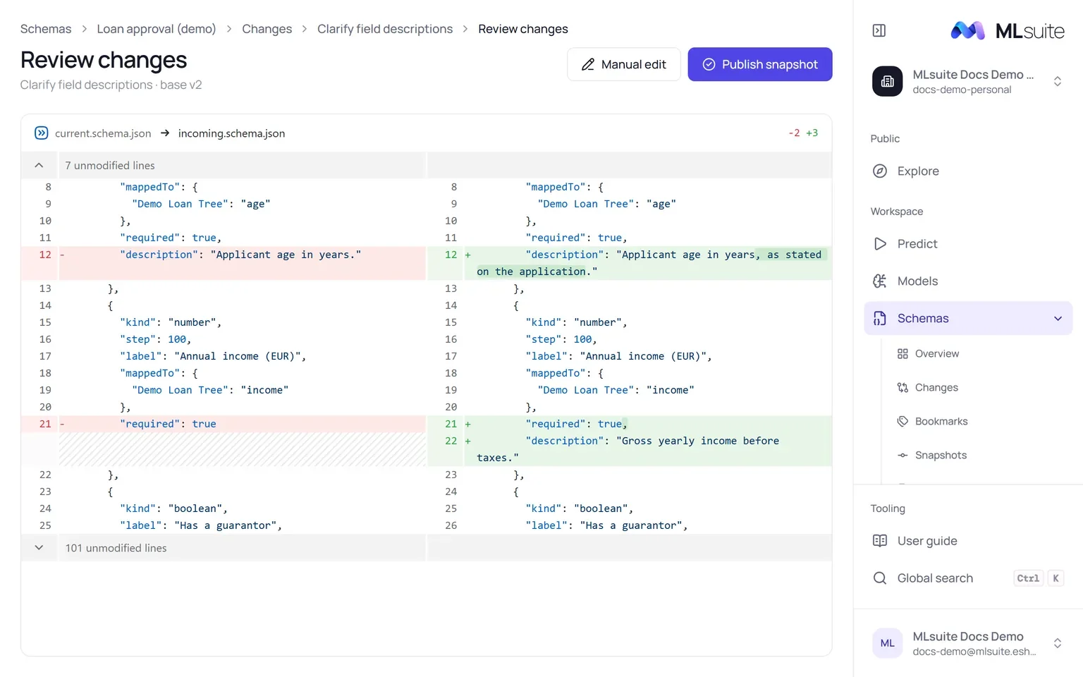 Review changes: a side-by-side diff of the current snapshot and the change, with Manual edit and Publish snapshot buttons.