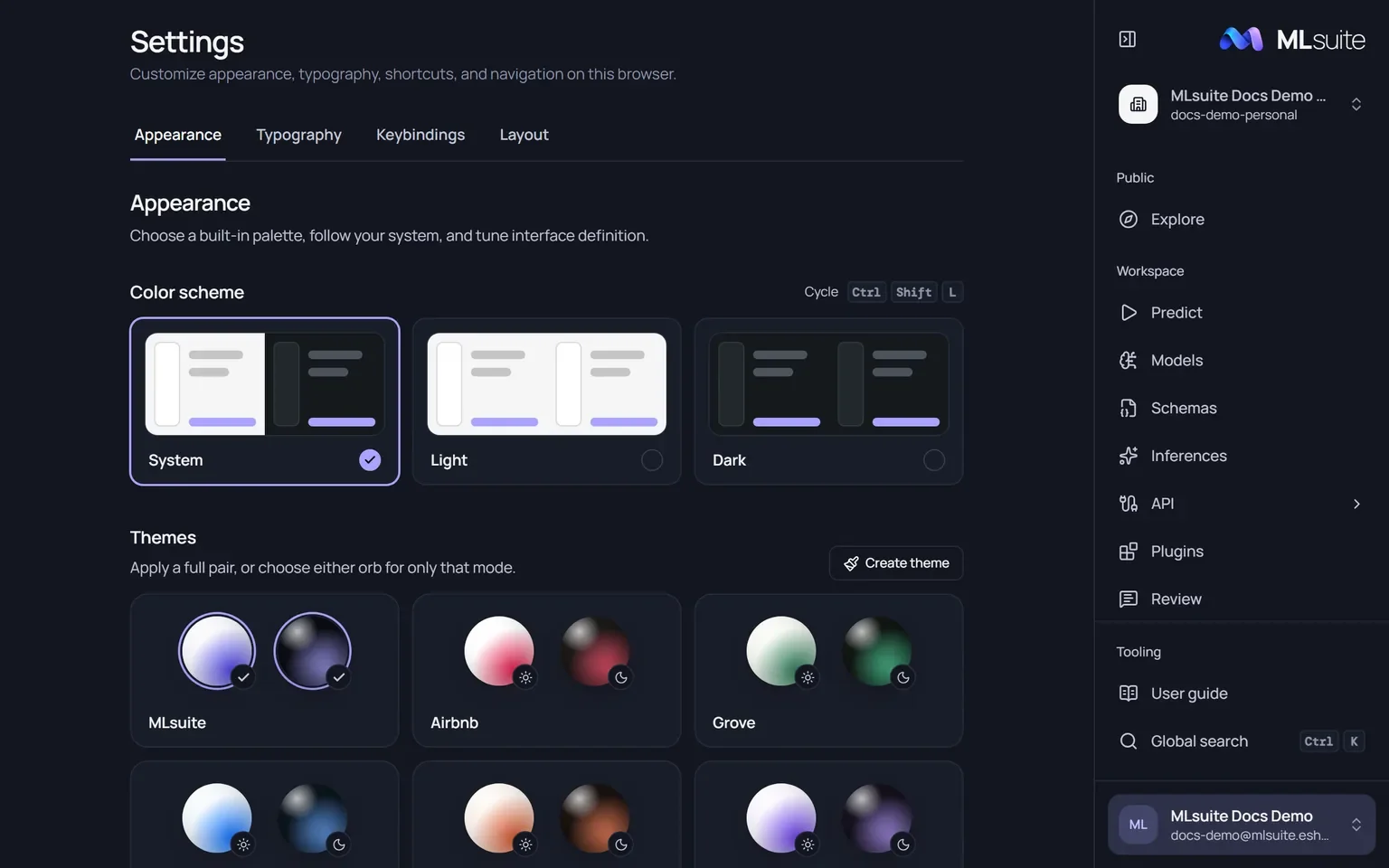 Settings, Appearance tab: System, Light and Dark color schemes and the built-in theme cards.