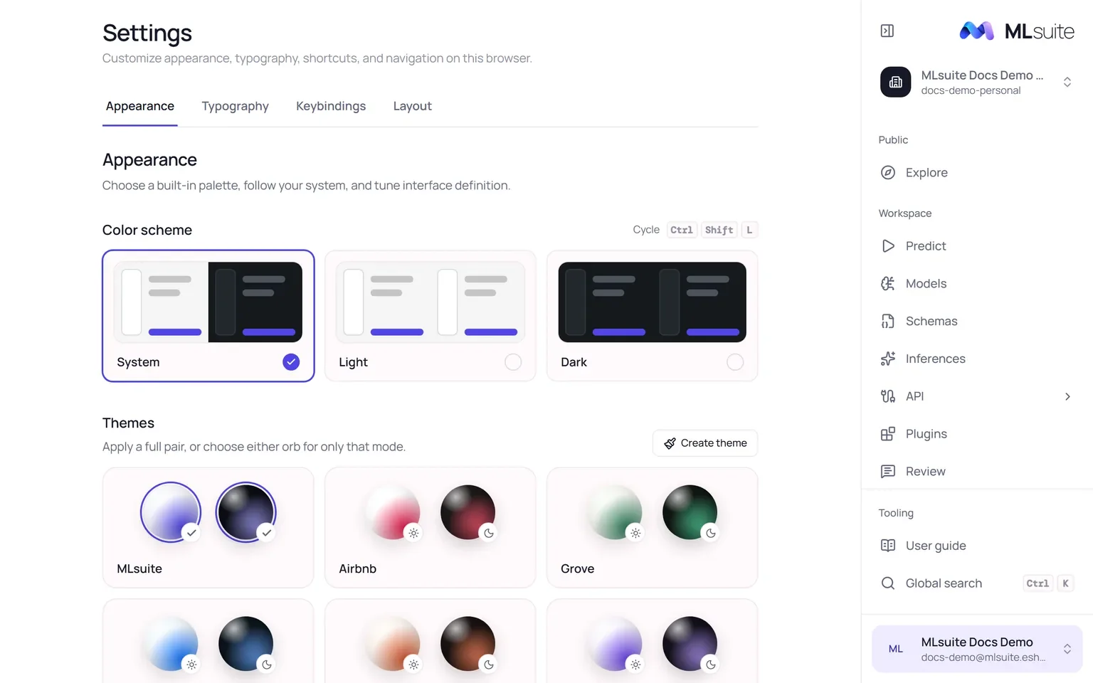 Settings, Appearance tab: System, Light and Dark color schemes and the built-in theme cards.