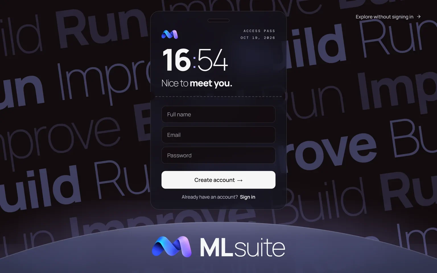 The MLsuite sign-up card with Full name, Email and Password fields and a Create account button.
