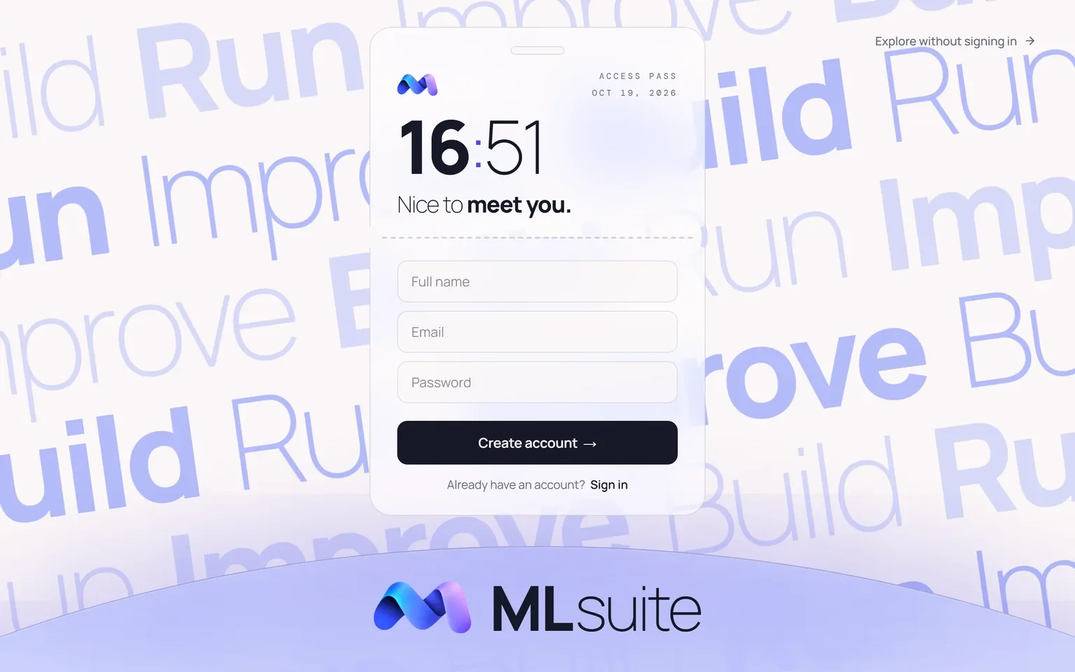 The MLsuite sign-up card with Full name, Email and Password fields and a Create account button.